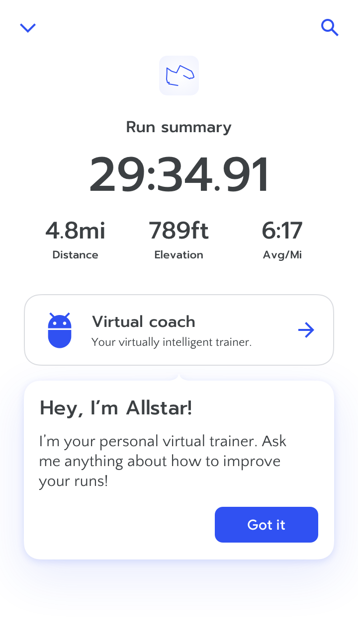 RUN app screenshot with prompt: 'Hey, I'm Allstar! I'm your personal virtual trainer. Ask me anything about how to improve your runs.'